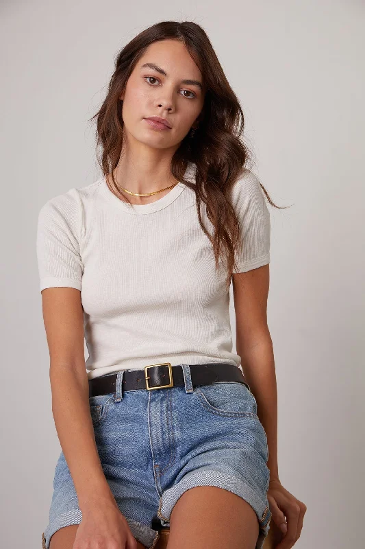 PIXIE RIBBED CREW NECK TEE Hooded Caped Shawl Collar