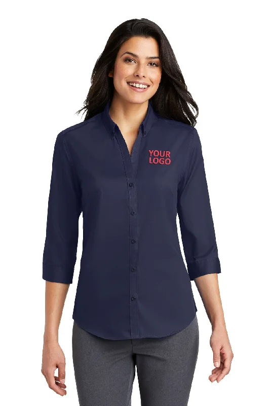 Port Authority Ladies 3/4-Sleeve SuperPro Branded Twill Shirts, True Navy Chenille Blend Fleece Blend Nylon Blend