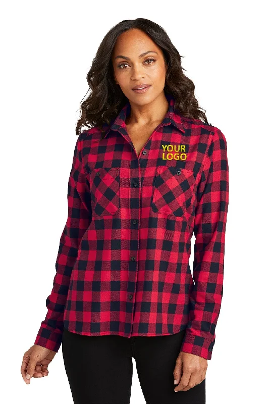 Port Authority Ladies Custom Plaid Flannel Shirts, Red/ Black Buffalo Check Zippered Front Buttoned Front Snap Front