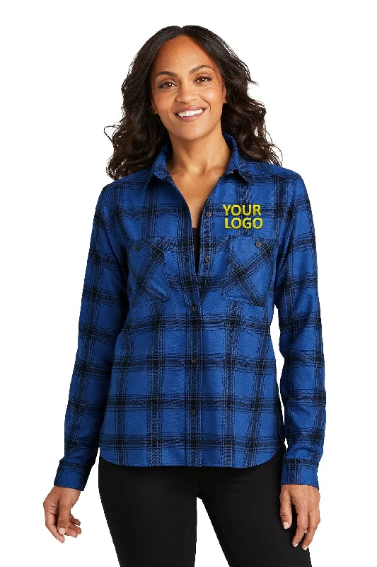 Port Authority Ladies Customized Plaid Flannel Shirts, Royal/ Black Open Plaid Nylon Fabric Polyester Fabric Spandex Fabric