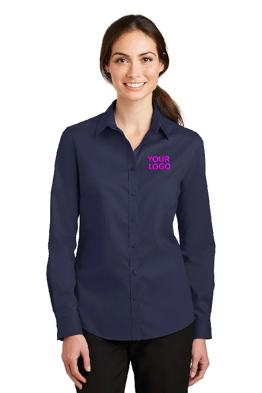 Port Authority Ladies SuperPro Custom Twill Shirts, True Navy Notch Collar Peter Pan Collar Cowl Neck