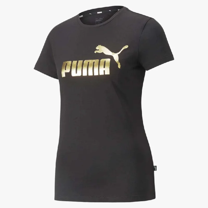 Puma Womens Ess+ Metallic Logo Short Sleeve Tee Black Houndstooth Herringbone Solid