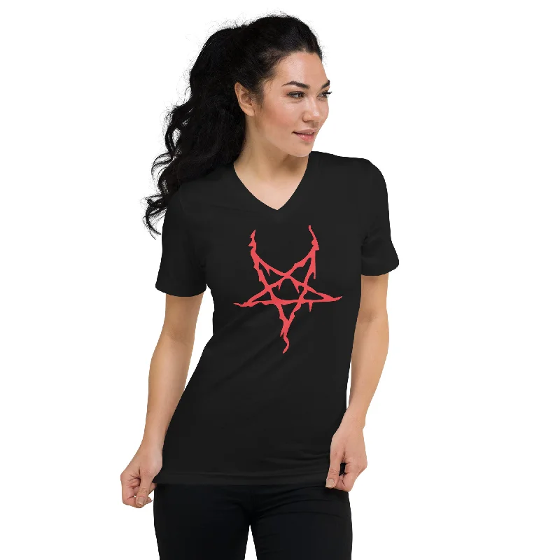 Red Melting Inverted Pentagram Black Metal Style Women’s Short Sleeve V-Neck T-Shirt Collared Crew Neck Turtle Neck