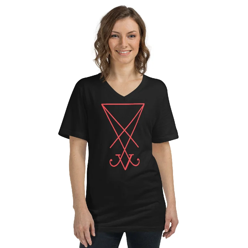 Red Sigil of Lucifer (Seal of Satan) The Grimoire of Truth Women’s Short Sleeve V-Neck T-Shirt Spandex Blend Rayon Blend Denim Blend