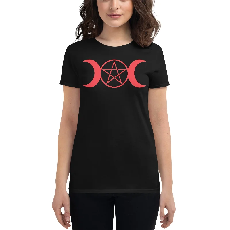 Red Triple Moon Goddess Wiccan Pagan Symbol Women's Short Sleeve Babydoll T-shirt Embroidered Appliqued Beaded