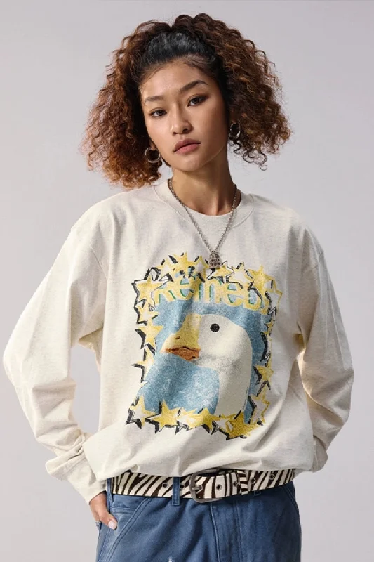 Retro Print Loose Long Sleeve Tee Terry Blend Velvet Blend Canvas Blend