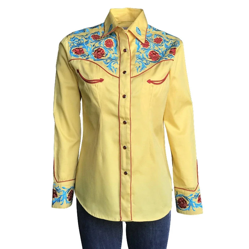 Rockmount Ranch Wear Womens Gold Vintage Shirt with Red & Blue Embroidery Jersey Fabric Tulle Fabric Batik Fabric