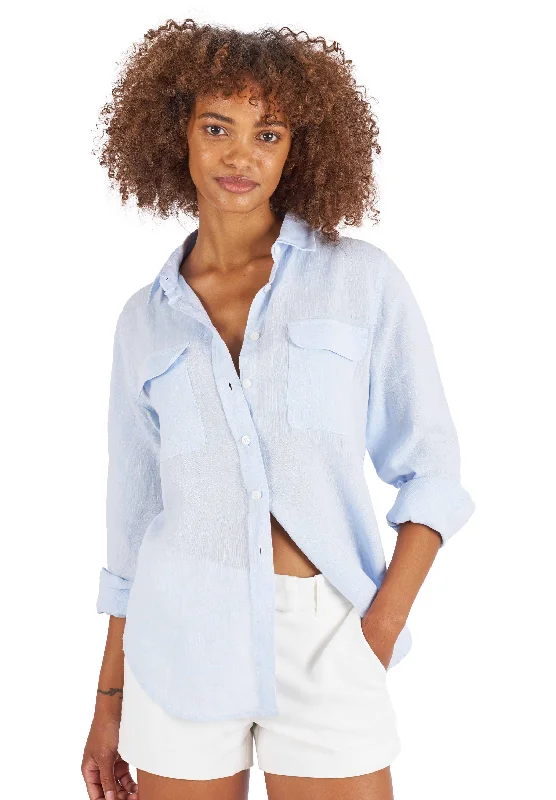 Lete-Linen Sky Blue Classic Linen Shirt With Pockets Layered Multi-layer Single Layer