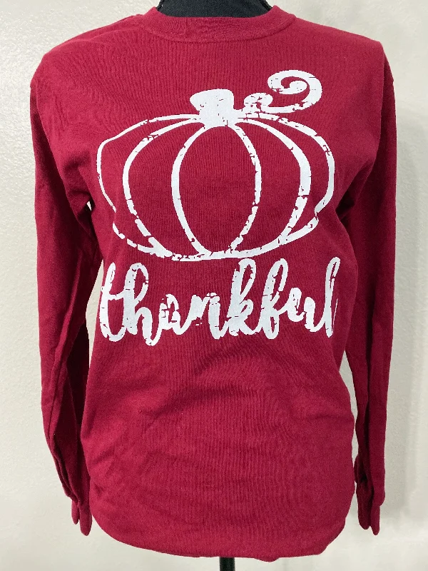 Thankful Wine Long Sleeve Graphic Tee Print Jacquard Patchwork