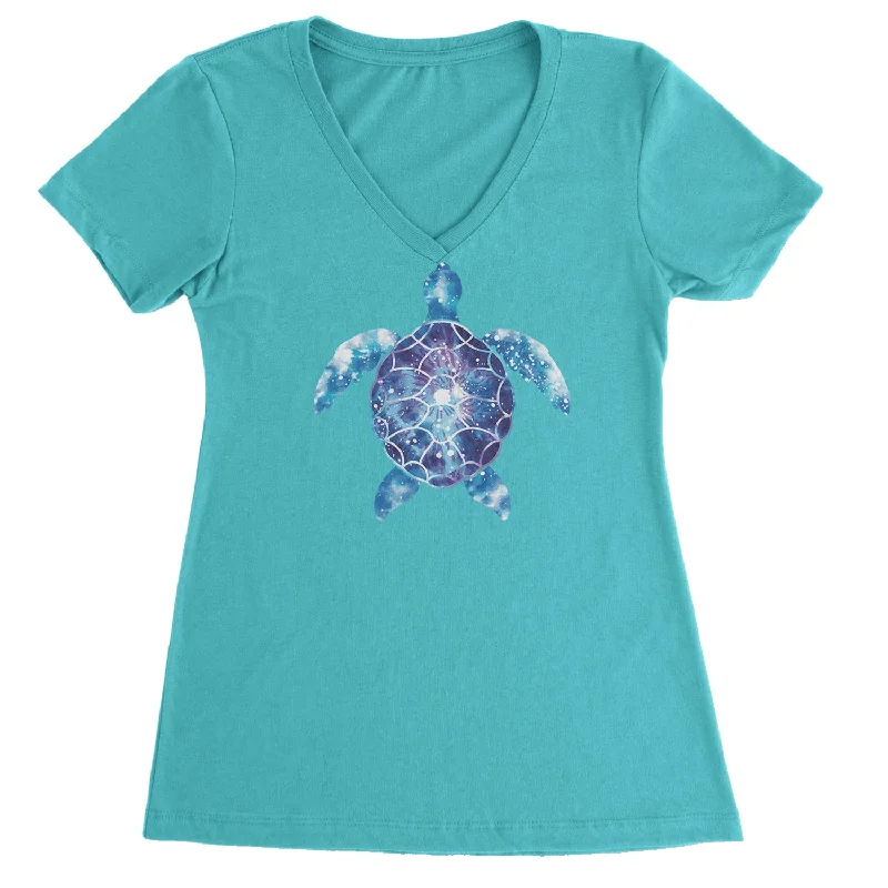 Ocean Aura Tie-Dye Sea Turtle Ladies V-Neck T-shirt Anti-Shrink Durable Soft