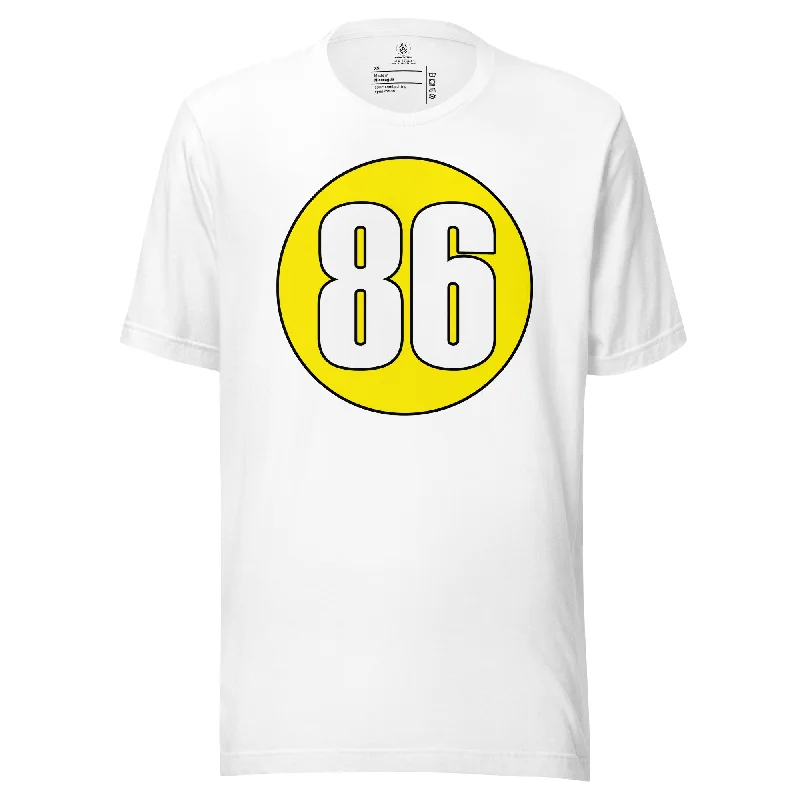 Unisex t-shirt: White on Yellow 86 Iron Safe Non-Iron Wrinkle Free