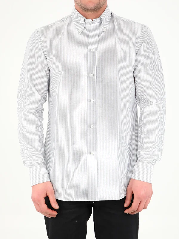 White And Blue Striped Shirt Front Pockets Side Pockets Patch Pockets