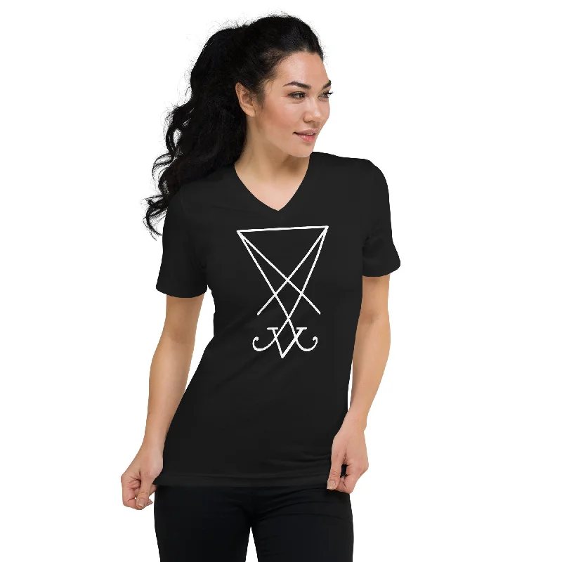 White Sigil of Lucifer (Seal of Satan) The Grimoire of Truth Women’s Short Sleeve V-Neck T-Shirt Spandex Blend Rayon Blend Denim Blend