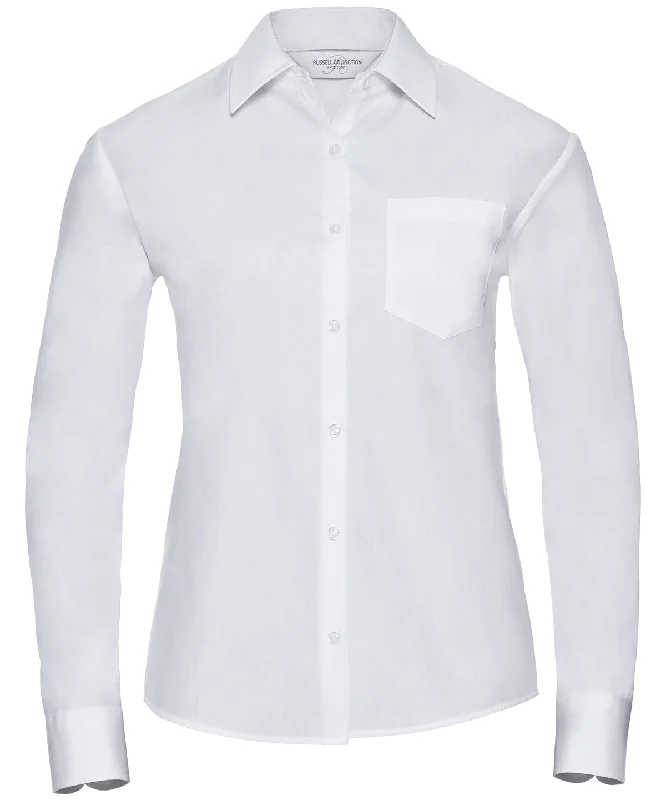 White - Women's long sleeve 100% cotton poplin shirt Welt Pockets Slit Pockets Flap Pockets