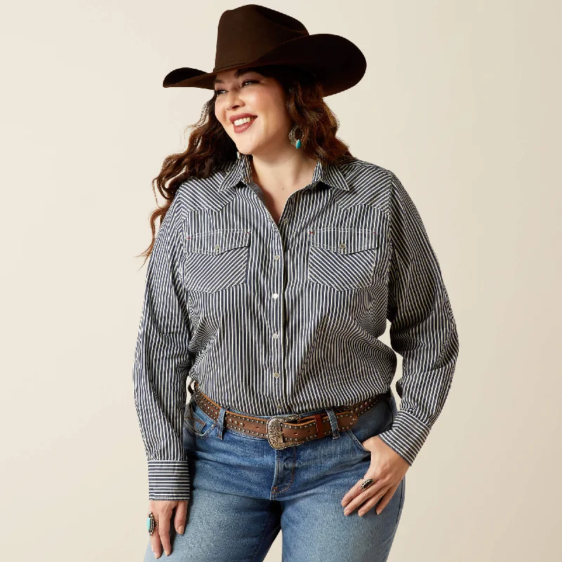 Railroad Stripe Western Shirt - Indigo Stripe Collared Crew Neck Turtle Neck