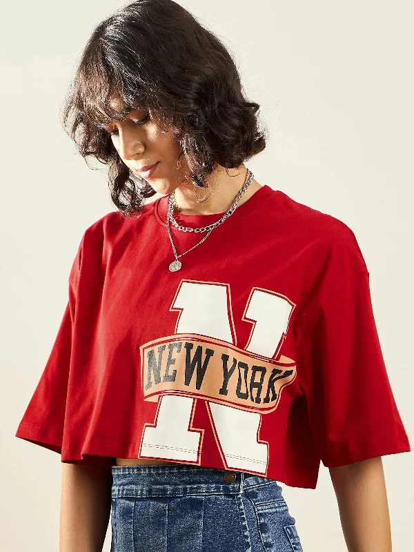 Women Red NEW YORK Printed Crop T-shirt Collared Crew Neck Turtle Neck