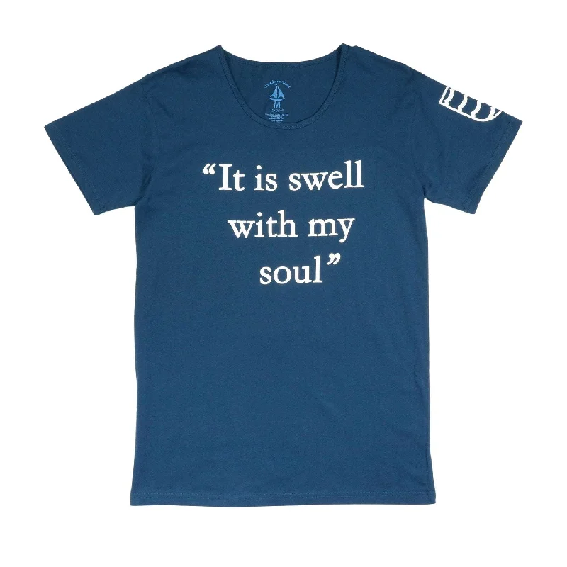 Women's - It is Swell with my Soul Blue Crew Neck T-Shirt Lace Blend Ribbed Blend Corduroy Blend