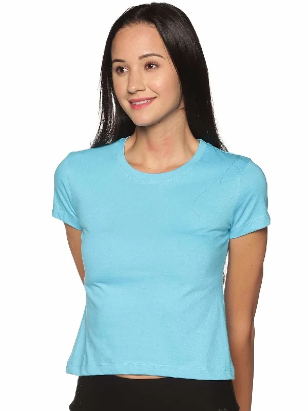 Women's Organic Cotton Crew Neck T -Shirt - Aqua Blue Welt Pockets Slit Pockets Flap Pockets