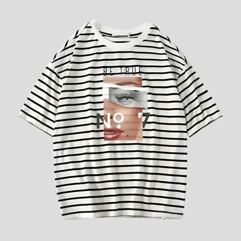 Womens Oversized Graphic Tee - Classic Striped Zippered Front Buttoned Front Snap Front