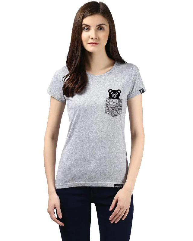 Womens Half Sleeve Teddybear Printed Grey Color Tshirts Embroidered Appliqued Beaded