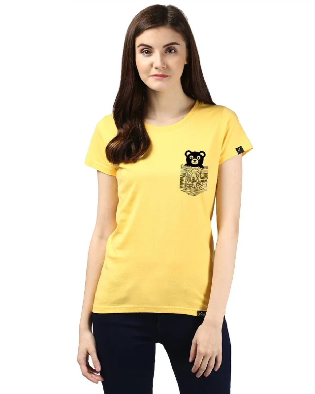 Womens Half Sleeve Teddybear Printed Yellow Color Tshirts Hooded Caped Shawl Collar