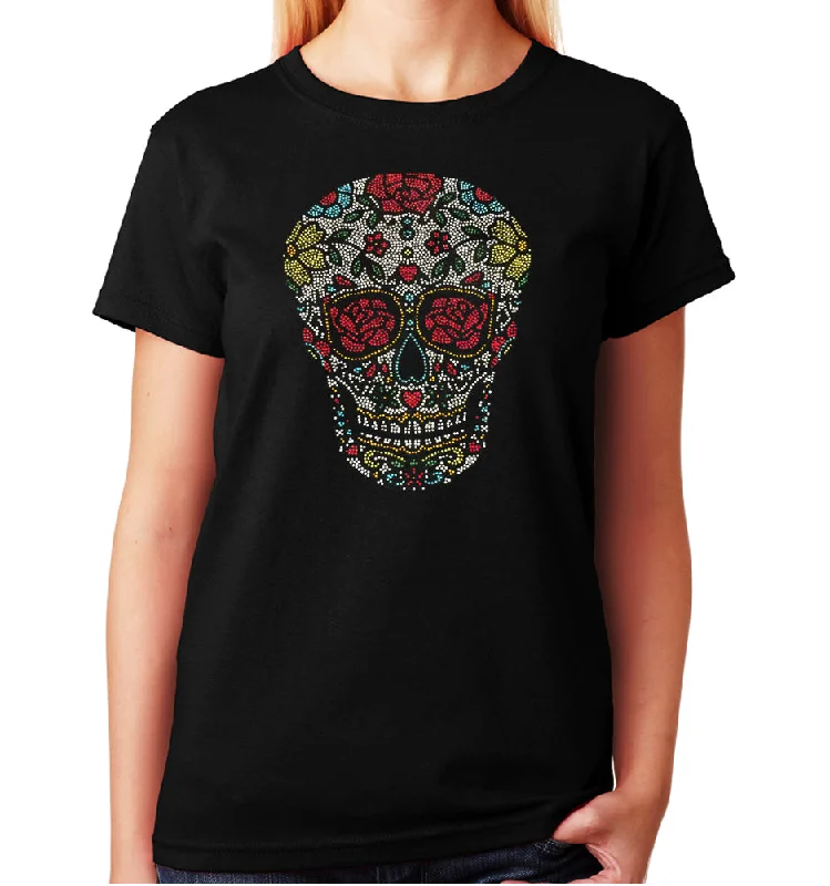 Women's / Unisex T-Shirt with Sugar Skull with Roses in Rhinestones Thin T-Shirt Open Front Quick Dry