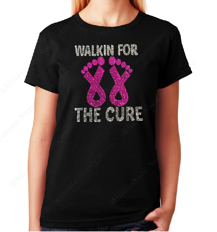 Women's / Unisex T-Shirt with Walk for the Cure Cancer Ribbons in Rhinestones Collared T-Shirt Boat Neck A-Line