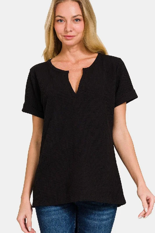 Zenana Notched Short Sleeve Waffle T-Shirt Print Jacquard Patchwork
