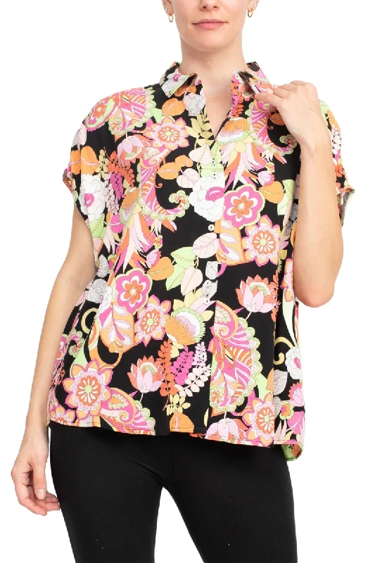 Floral & Ivy Floral Top - Versatile Black Red Yellow Mixed Jersey Knit Top Patterned Jersey Tee