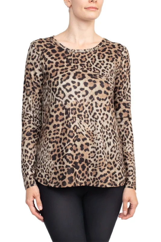 Joan Vass NY Boat Neck Long Sleeve High-Low Hem Animal Print Jersey Top Round Neck Jersey Tee