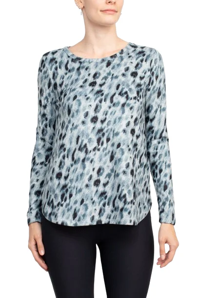 Joan Vass NY Boat Neck Long Sleeve High-Low Hem Animal Print Jersey Top V Neck Jersey Blouse