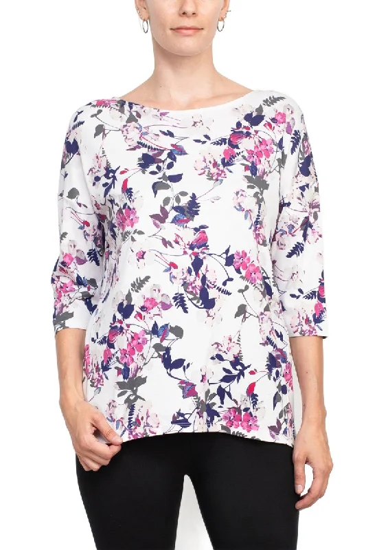 Joan Vass NY Open Crew Neck 3/4 Sleeve Printed Jersey Top with Back Seam Detail Winter Jersey Top