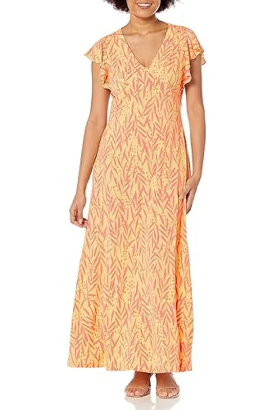 London Times Ruffled Short Sleeve V-Neck Printed Matte Jersey A-Line Maxi Striped Jersey Top