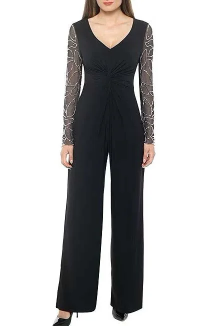 Marina matte jersey sheer beaded long sleeve V-Neck Knot bodice two piece set Textured Jersey Blouse
