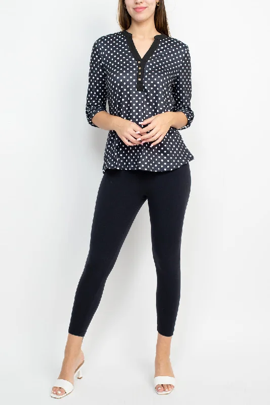 Robert Louis Banded V-Neck Button Detail 3/4 Sleeve Print Jersey Top Boat Neck Jersey Shirt