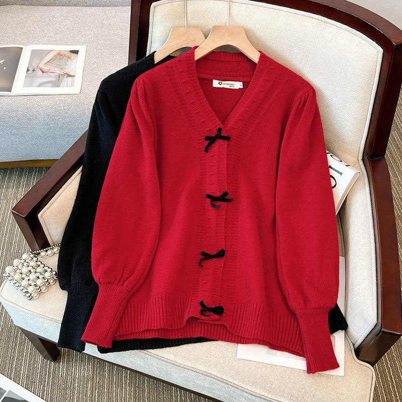 Women's 5-9XL Fashion Designer Loose V-Neck Bow Jerseys (Plus Size) Polo Neck Jersey Top