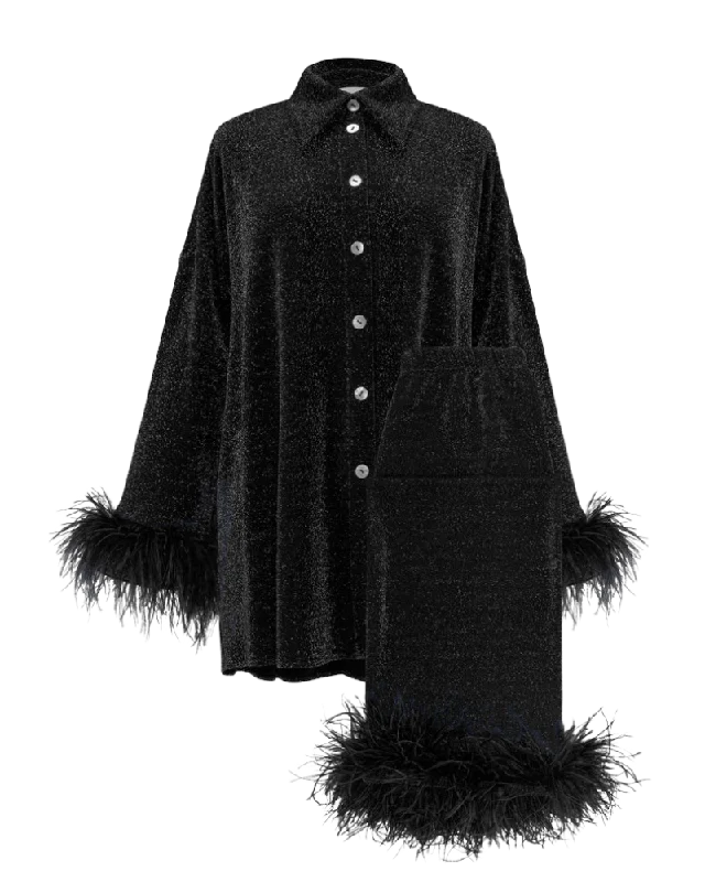 Cosmos Oversized Metallic Jersey Pajama Set, Black Autumn Jersey Shirt