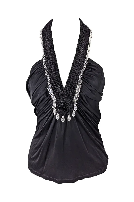 Vintage Black Silky Jersey Beaded Halter Top, S/S 2006 Evening Jersey Tee