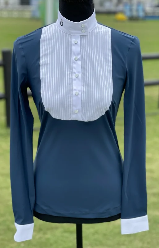 Cavalleria Toscana Jersey L/S Button Competition Shirt w/ Poplin Pleated Bib Asymmetrical Jersey Blouse