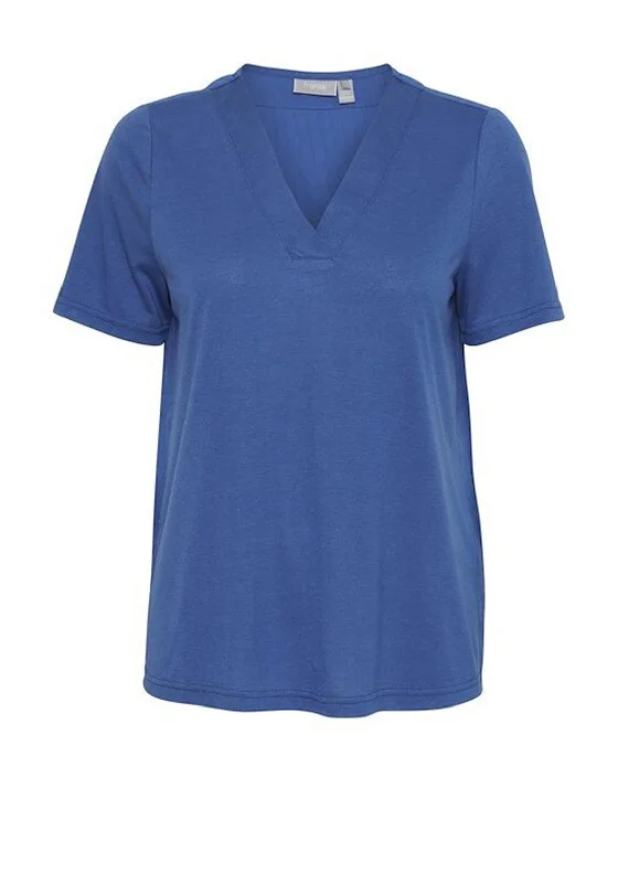 Fransa Zola Jersey Contrast V Neck Top, Blue Vintage Jersey Tee