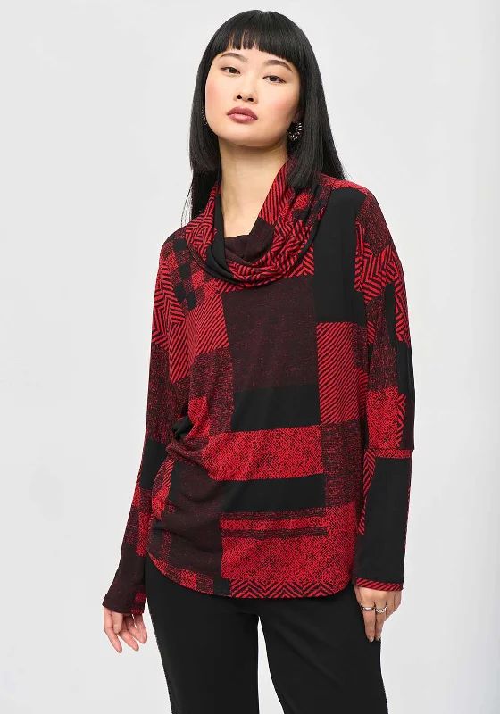 Joseph Ribkoff Cowl Neck Printed Jersey Top, Red & Black Polka Dot Jersey Shirt
