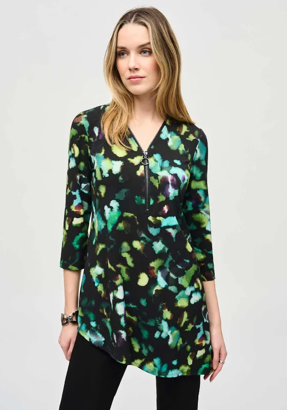 Joseph Ribkoff Jersey Abstrast Print Zip Neck Top, Black Multi Animal Print Jersey Tee