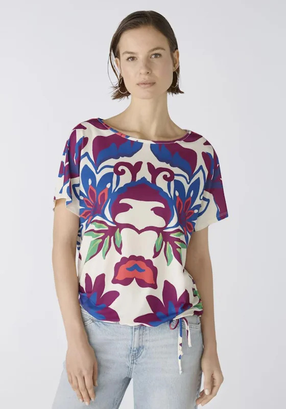 Oui Vibrant Floral Jersey Drawstring Top, White Violet Metallic Jersey Tee