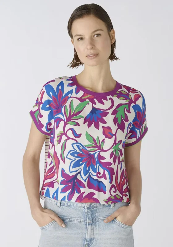 Oui Vibrant Floral Contrast Jersey Back Top, Violet Green Sky Blue Jersey Tee