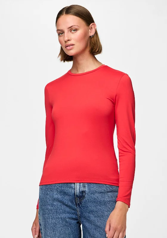 Pieces Fylla Jersey Long Sleeve Top, High Risk Red V Neck Jersey Blouse