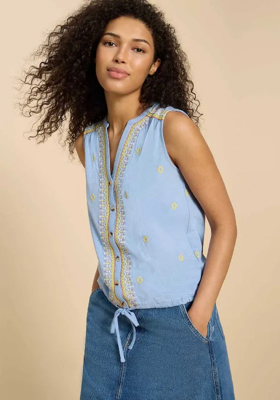 White Stuff Tulip Jersey Sleeveless Shirt, Blue Multi Emerald Green Jersey Tee