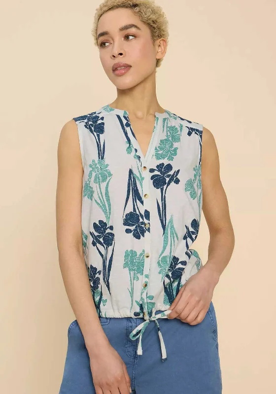 White Stuff Tulip Jersey Sleeveless Shirt, White & Teal Royal Blue Jersey Shirt