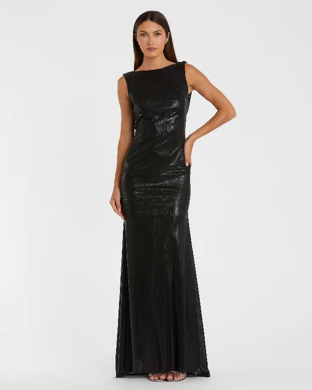 Black Metallic Jersey Cowl Back Column Gown Elegant Jersey Shirt