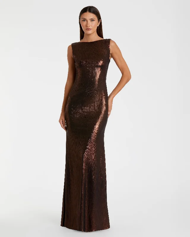 Brown Metallic Jersey Cowl Back Column Gown Warm Jersey Shirt